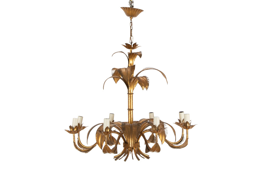 Large mid 20th century gilt metal chandelier with palm fronds surrounding a central ringed stem in the manner of Maison Jansen - Mid Century Lighting