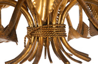Large mid 20th century gilt metal chandelier with palm fronds surrounding a central ringed stem in the manner of Maison Jansen - Mid Century Lighting