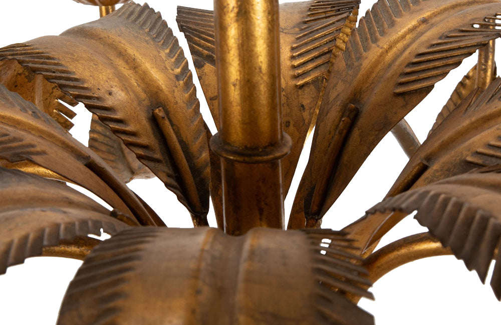 Large mid 20th century gilt metal chandelier with palm fronds surrounding a central ringed stem in the manner of Maison Jansen - Mid Century Lighting