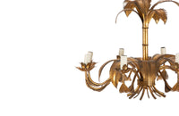 Large mid 20th century gilt metal chandelier with palm fronds surrounding a central ringed stem in the manner of Maison Jansen - Mid Century Lighting