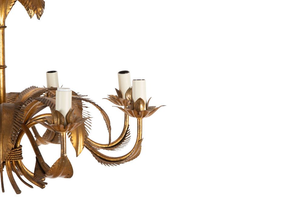 Large mid 20th century gilt metal chandelier with palm fronds surrounding a central ringed stem in the manner of Maison Jansen - Mid Century Lighting