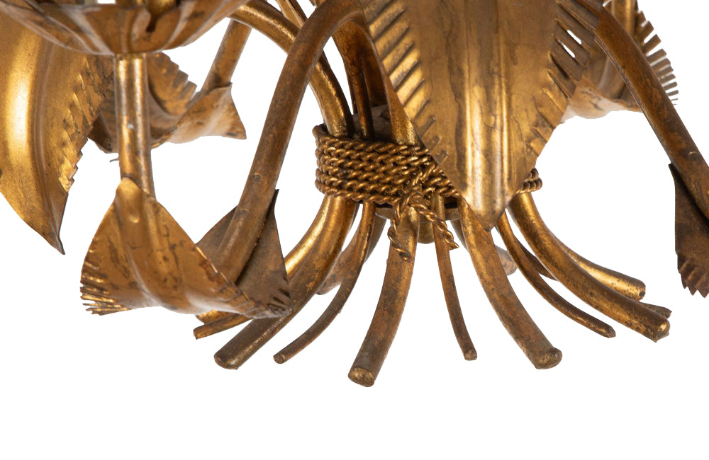Large mid 20th century gilt metal chandelier with palm fronds surrounding a central ringed stem in the manner of Maison Jansen - Mid Century Lighting