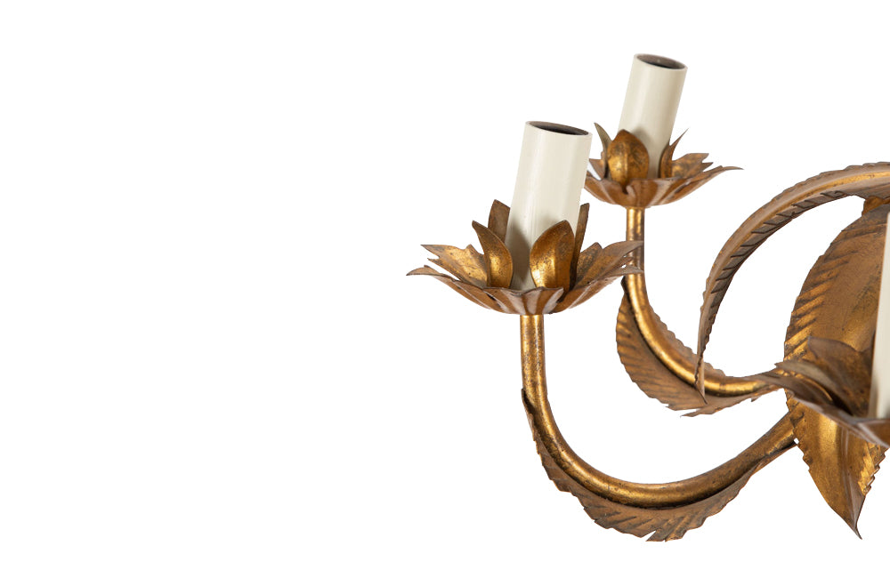 Large mid 20th century gilt metal chandelier with palm fronds surrounding a central ringed stem in the manner of Maison Jansen - Mid Century Lighting
