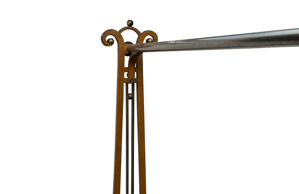 Fabulous, early Art Deco large iron clothes rail with decorative brass bars, ball and knobs, two chrome rails and ttributed to the renown designer Josef Hoffmann.