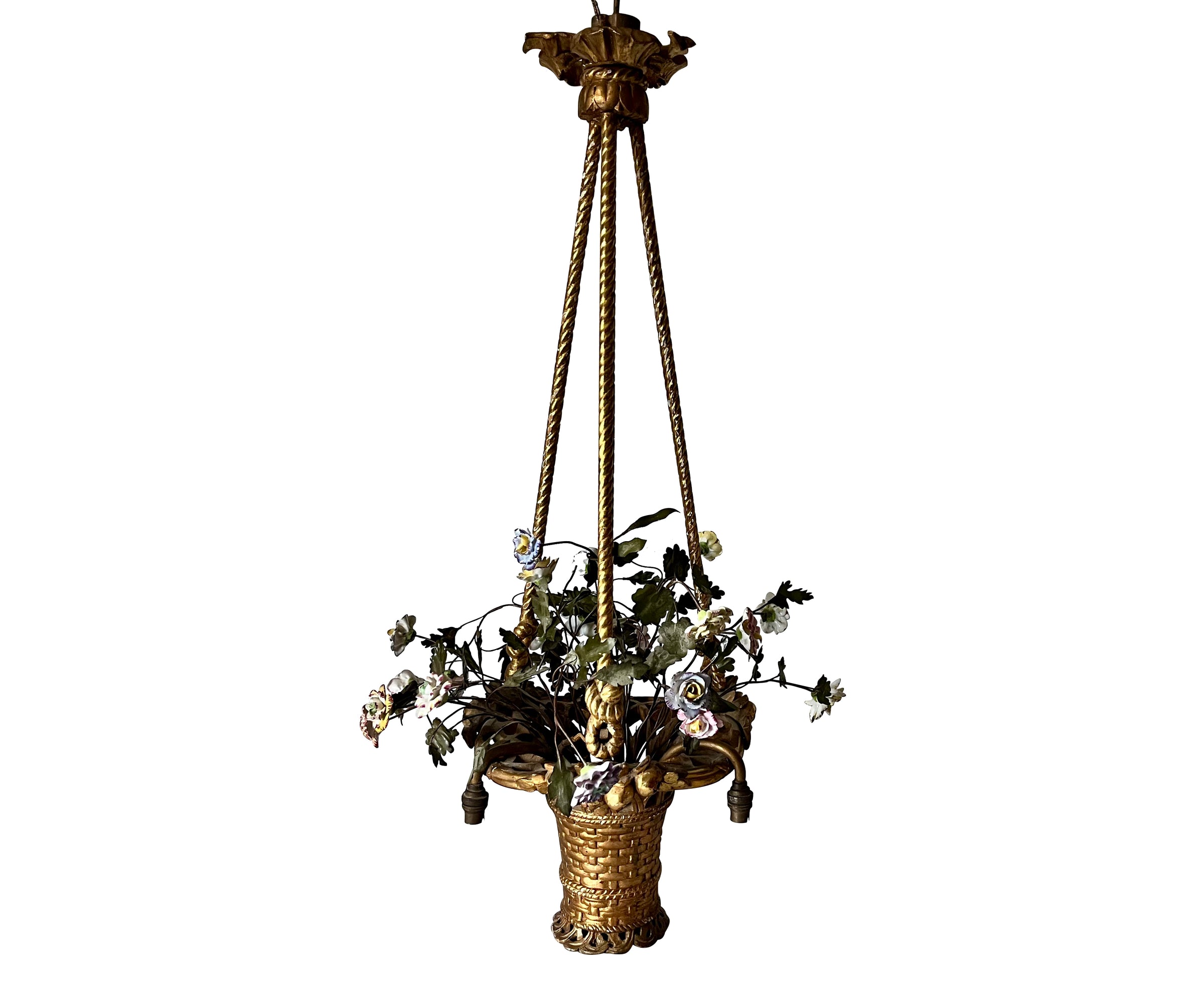 Beautiful, Italian Neo-Classical Revival gilt wood chandelier in the form of a hanging basket of flowers.