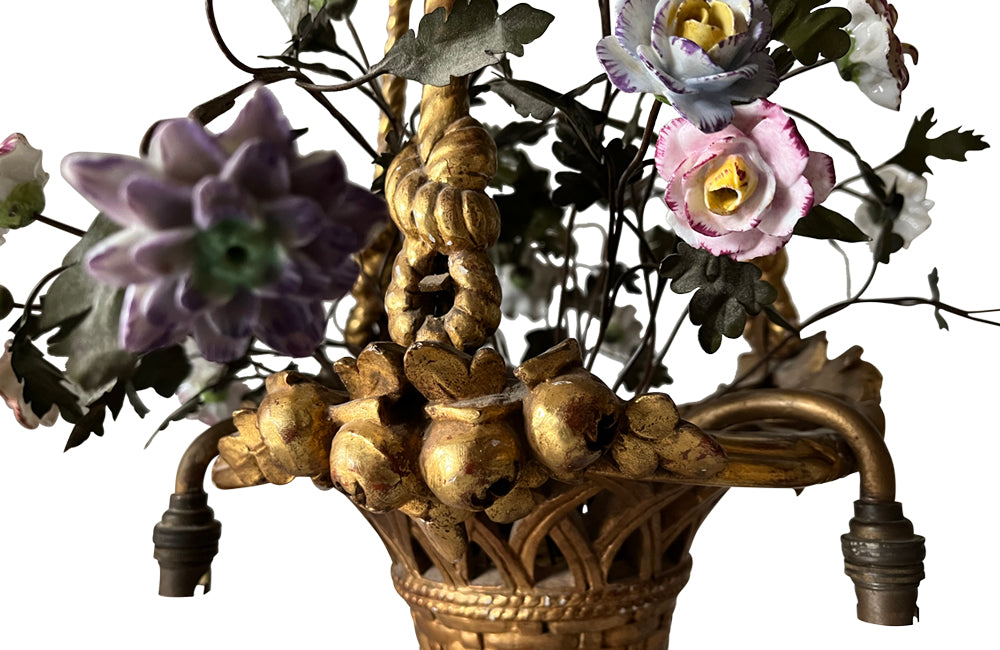 Beautiful, Italian Neo-Classical Revival gilt wood chandelier in the form of a hanging basket of flowers. 