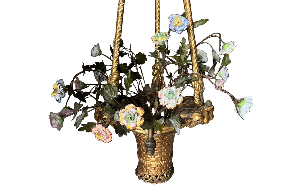 Beautiful, Italian Neo-Classical Revival gilt wood chandelier in the form of a hanging basket of flowers.
