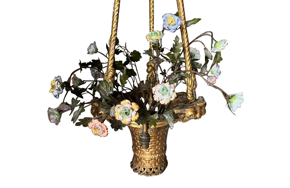 Beautiful, Italian Neo-Classical Revival gilt wood chandelier in the form of a hanging basket of flowers. 