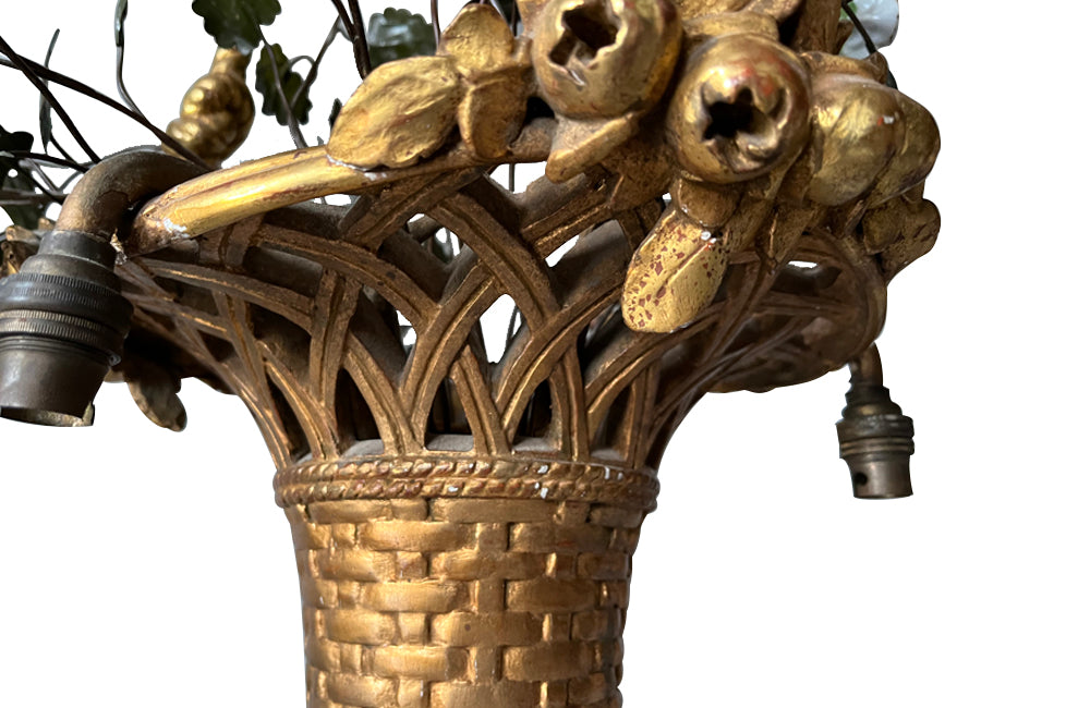 Beautiful, Italian Neo-Classical Revival gilt wood chandelier in the form of a hanging basket of flowers.