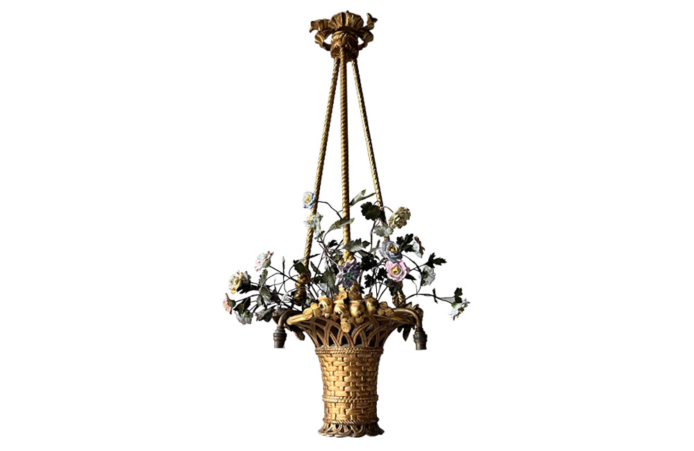 Beautiful, Italian Neo-Classical Revival gilt wood chandelier in the form of a hanging basket of flowers.