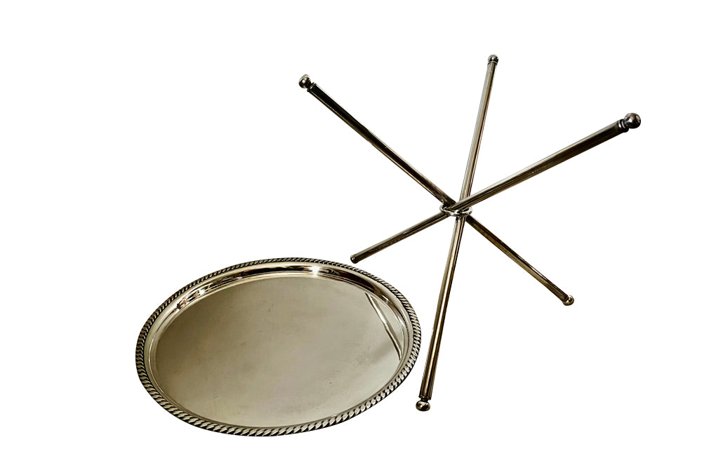 Mid century cocktail tray silverplate Italian with folding metal tripod stand. Mid Century Side Tables