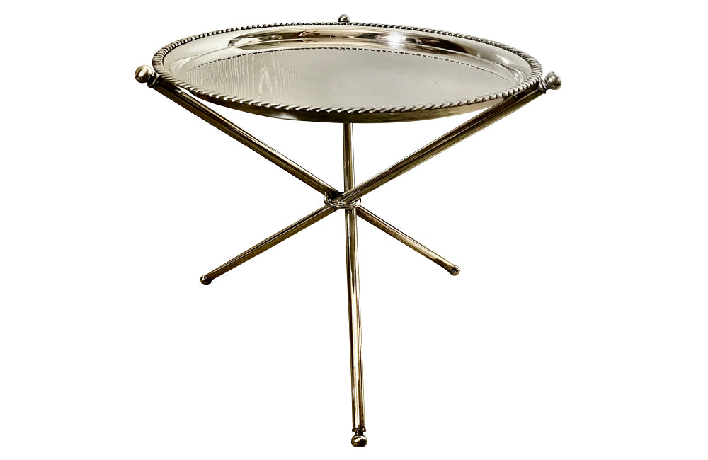 Mid century cocktail tray silverplate Italian with folding metal tripod stand. Mid Century Side Tables