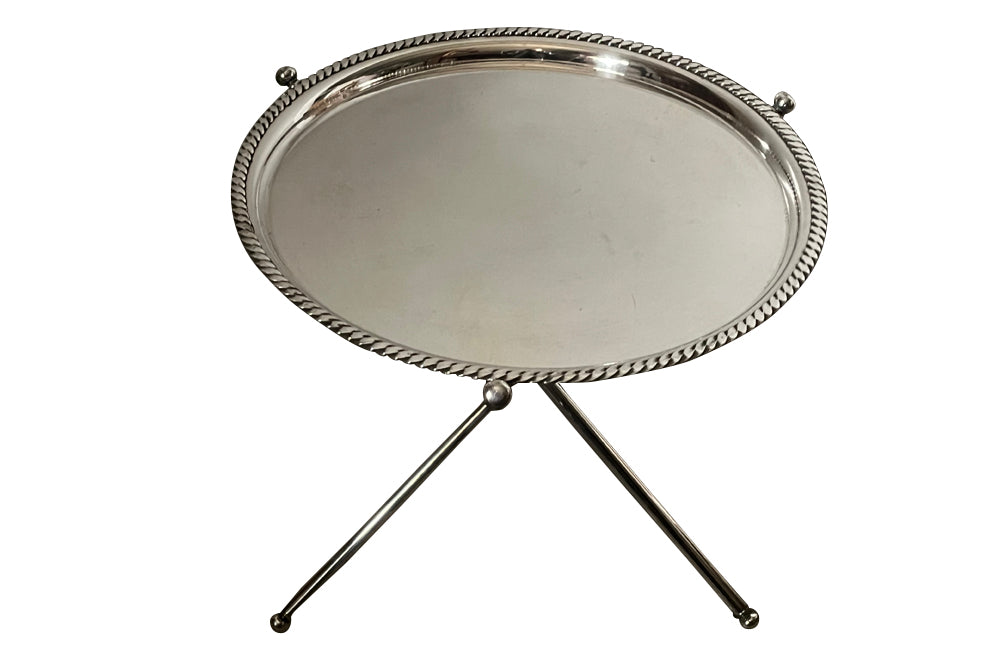 Mid century cocktail tray silverplate Italian with folding metal tripod stand. Mid Century Side Tables