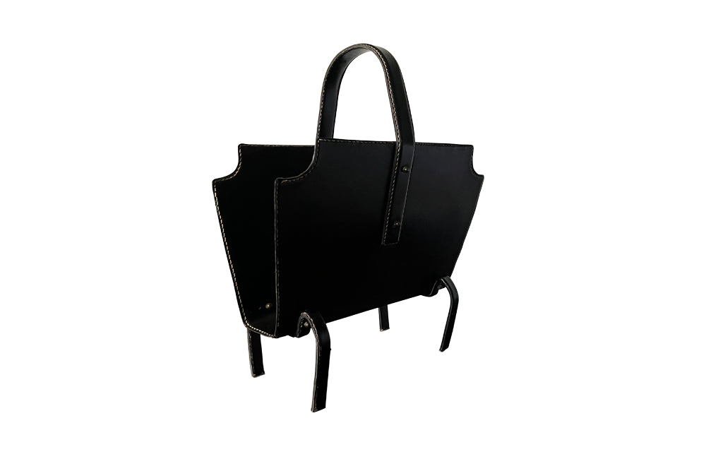 20th century stitched black leather with brass studs magazine holder by Jacques Adnet.