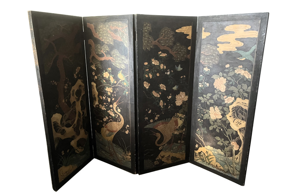 JAPANESE INK PAINTED FOUR PANEL FOLDING SCREEN