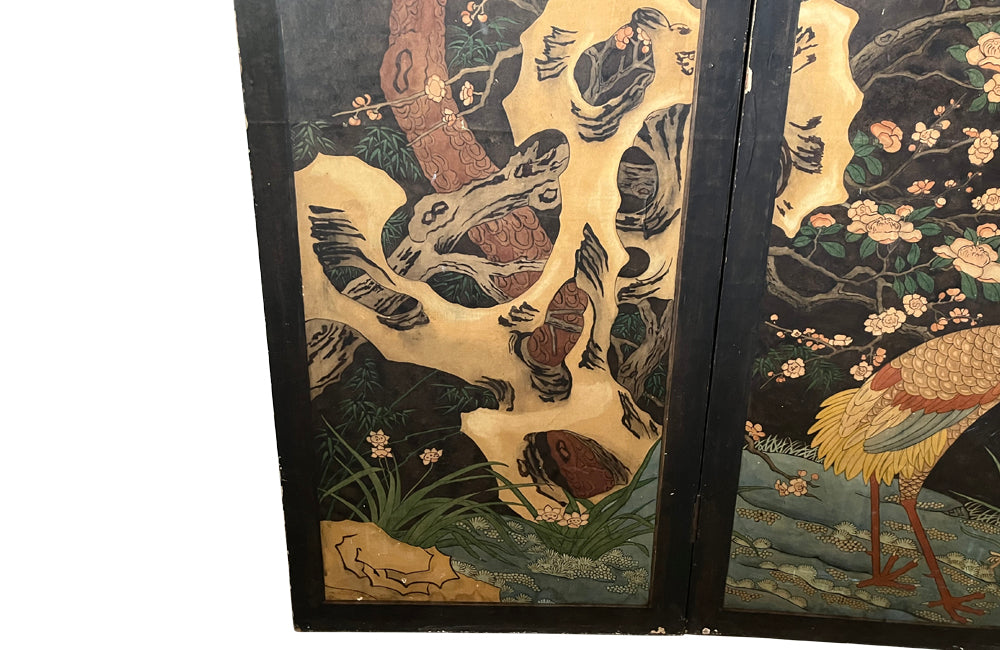 JAPANESE INK PAINTED FOUR PANEL FOLDING SCREEN