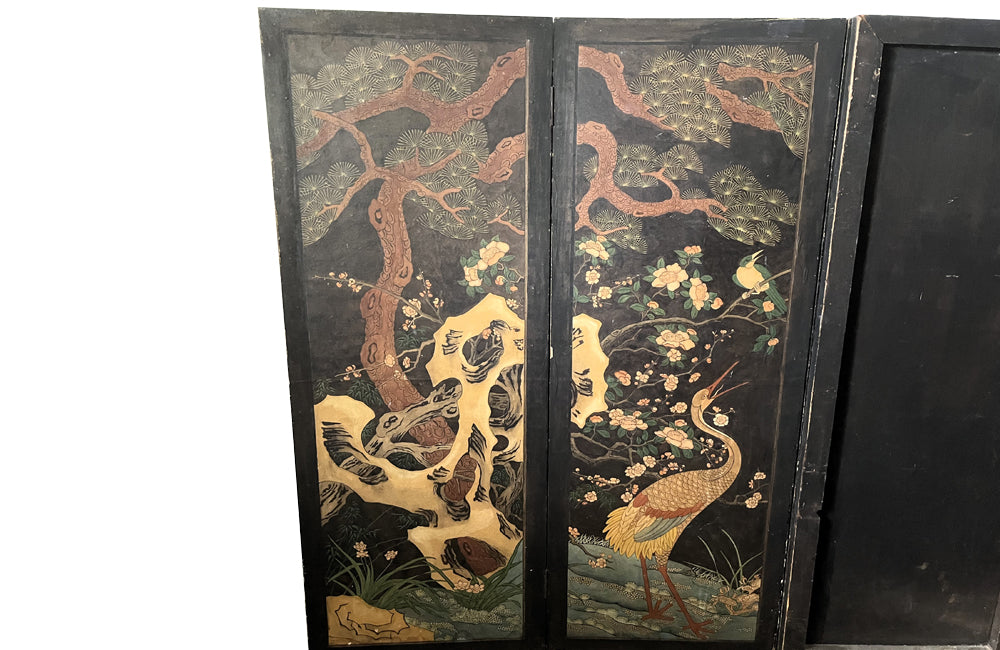 JAPANESE INK PAINTED FOUR PANEL FOLDING SCREEN