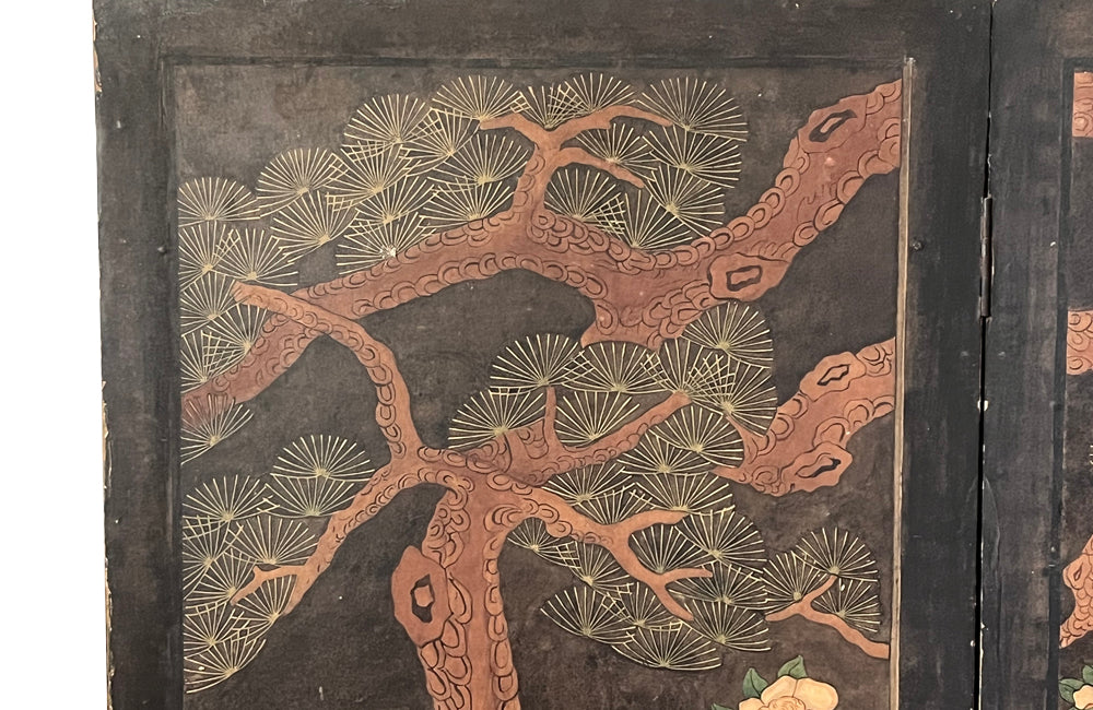 JAPANESE INK PAINTED FOUR PANEL FOLDING SCREEN