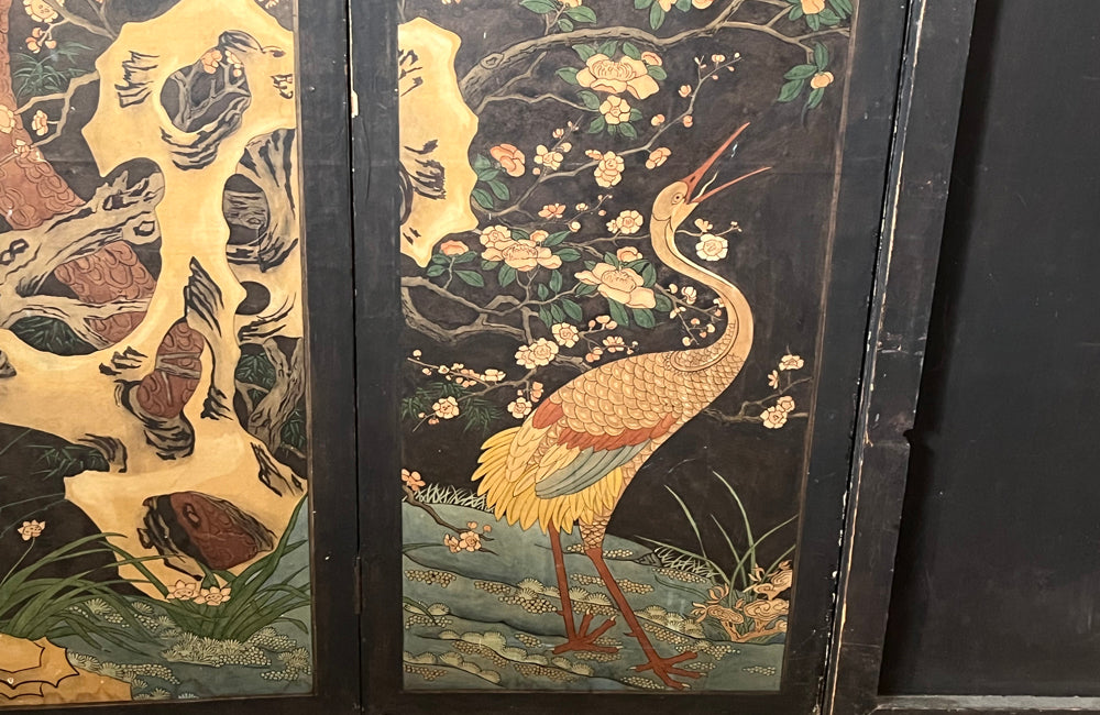 JAPANESE INK PAINTED FOUR PANEL FOLDING SCREEN