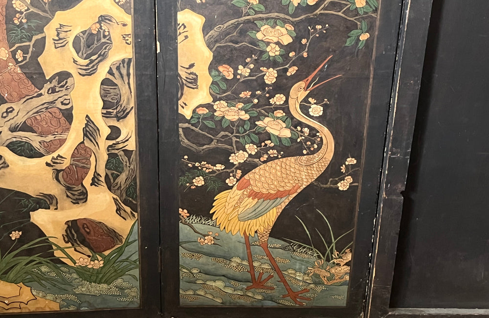 JAPANESE INK PAINTED FOUR PANEL FOLDING SCREEN