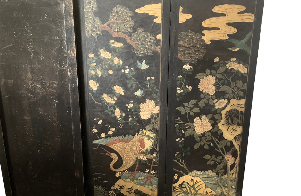 JAPANESE INK PAINTED FOUR PANEL FOLDING SCREEN