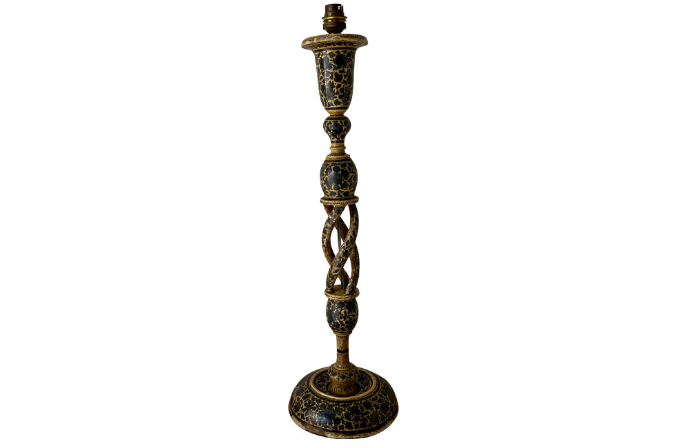 Pretty Kashmiri lamp base with original hand painted decoration throughout. Converted from a candlestick. India, circa 1930.