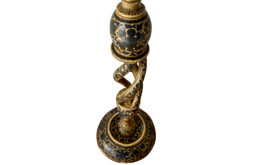 Pretty Kashmiri lamp base with original hand painted decoration throughout. Converted from a candlestick. India, circa 1930.