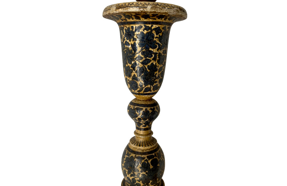 Pretty Kashmiri lamp base with original hand painted decoration throughout. Converted from a candlestick. India, circa 1930.