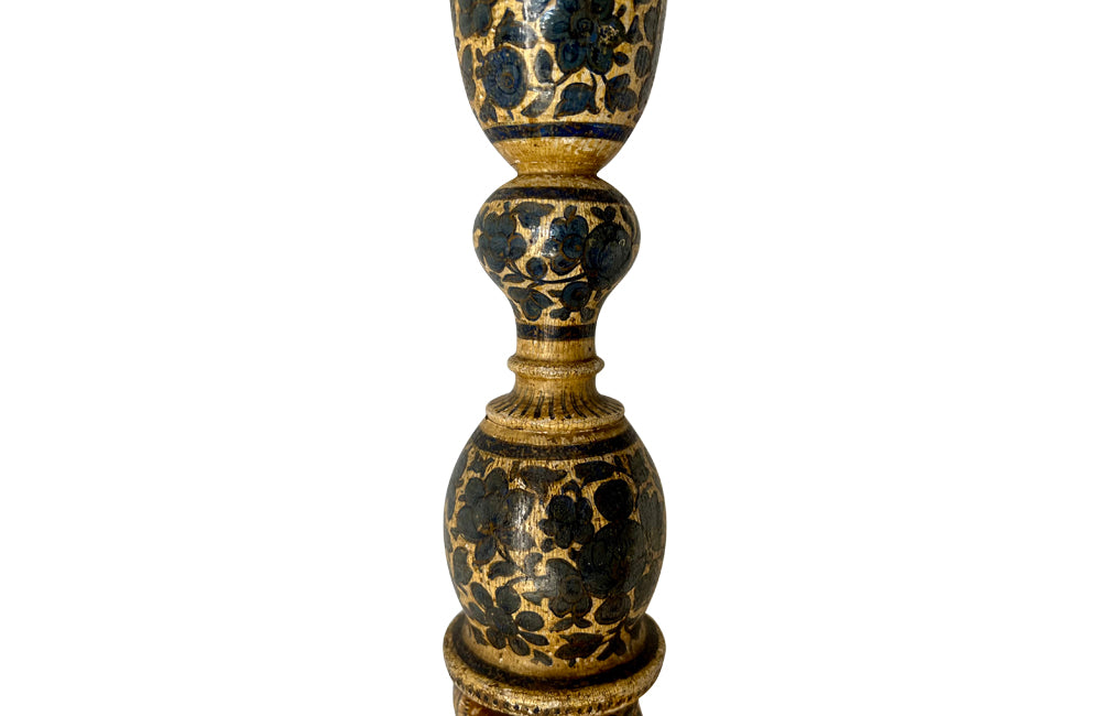 Pretty Kashmiri lamp base with original hand painted decoration throughout. Converted from a candlestick. India, circa 1930.