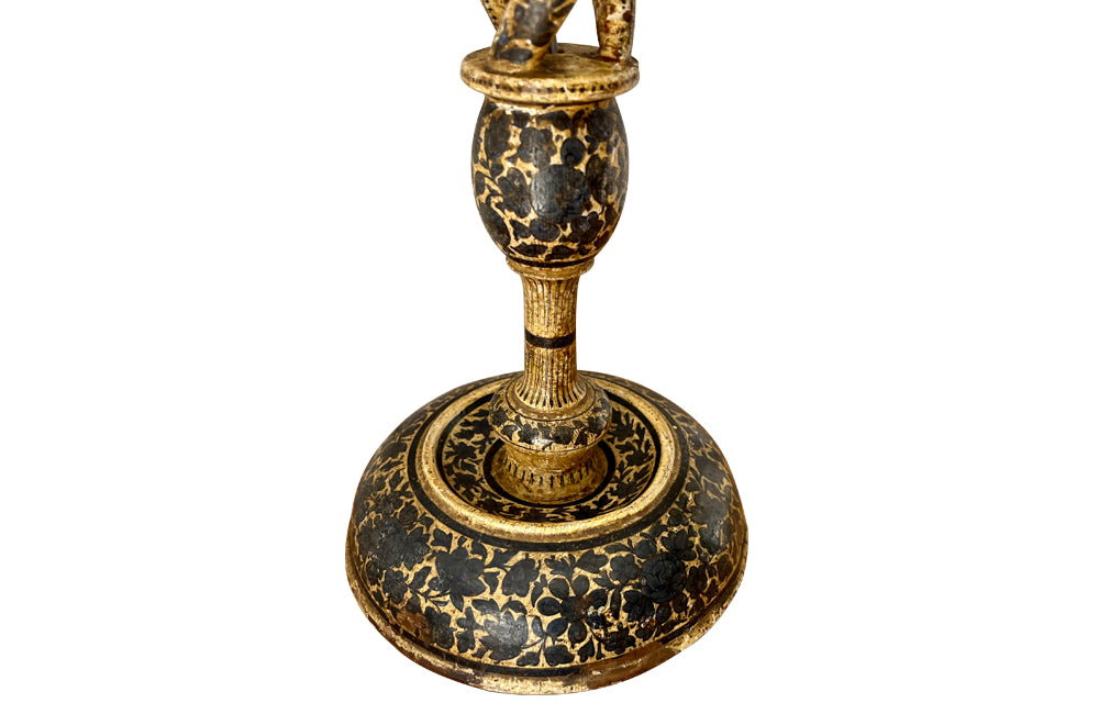 Pretty Kashmiri lamp base with original hand painted decoration throughout. Converted from a candlestick. India, circa 1930.
