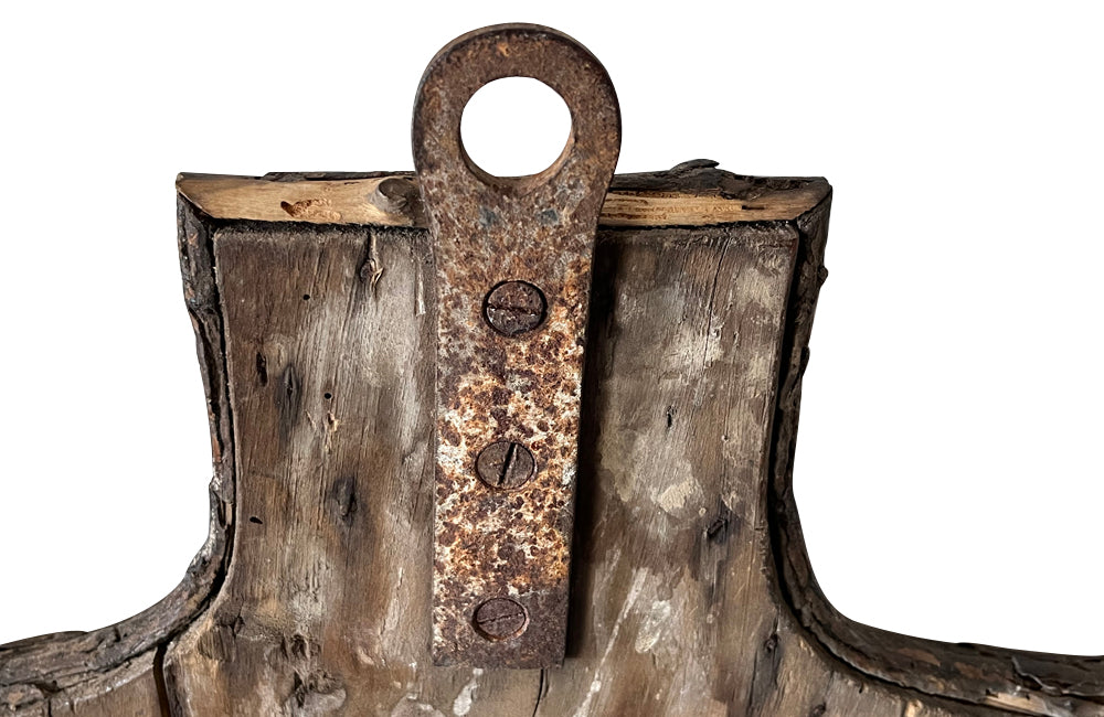 Large 19th Century Art Populaire twigwork folk art shield with iron horse tack hooks - French Antiques