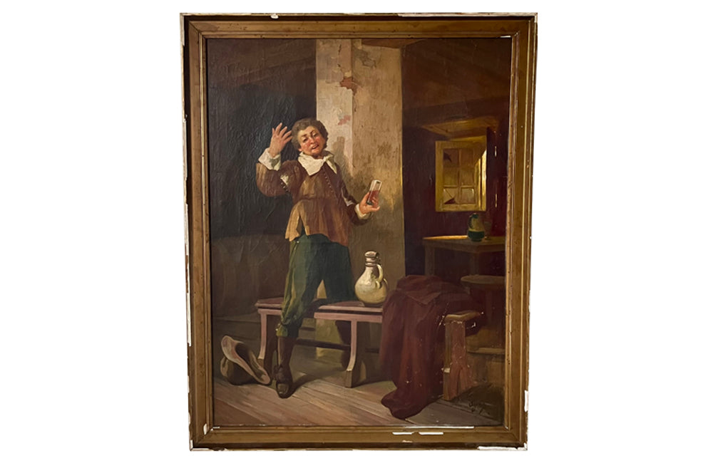 Large 19th Century French oil on canvas painting in gilt frame depicting a harming painting of a jolly gentleman enjoying a glass of beer or cider in a country inn