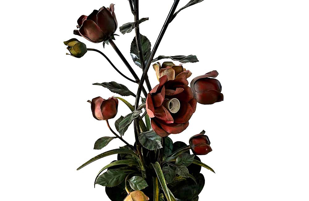 Fabulous vintage polychrome metal standard lamp in the form of a large bouquet of roses and foliage in a scalloped bowl terminating in recurved tripod feet., Mid 20th Century