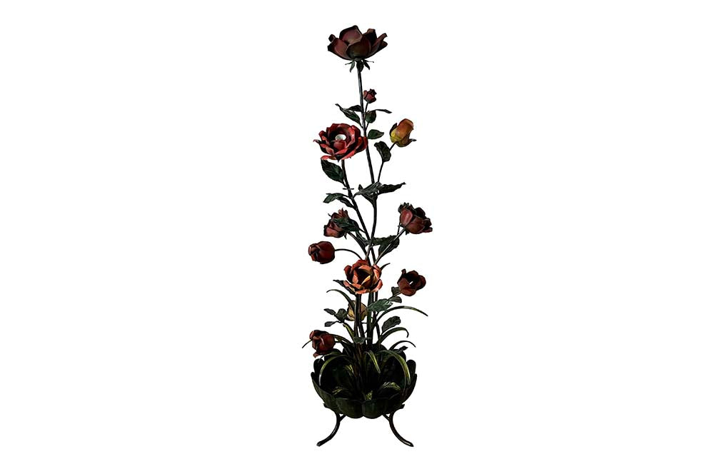 Fabulous vintage polychrome metal standard lamp in the form of a large bouquet of roses and foliage in a scalloped bowl terminating in recurved tripod feet., Mid 20th Century