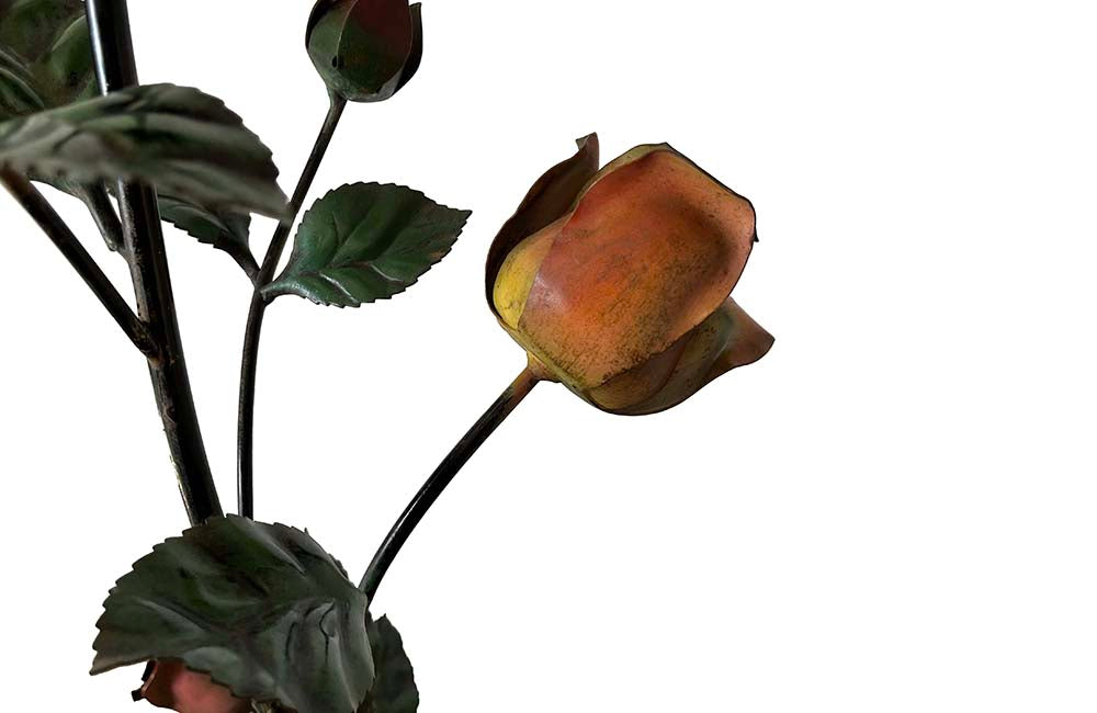 Fabulous vintage polychrome metal standard lamp in the form of a large bouquet of roses and foliage in a scalloped bowl terminating in recurved tripod feet., Mid 20th Century