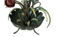 Fabulous vintage polychrome metal standard lamp in the form of a large bouquet of roses and foliage in a scalloped bowl terminating in recurved tripod feet., Mid 20th Century