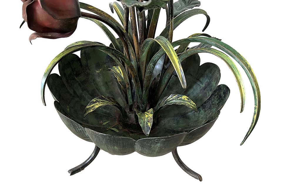 Fabulous vintage polychrome metal standard lamp in the form of a large bouquet of roses and foliage in a scalloped bowl terminating in recurved tripod feet., Mid 20th Century