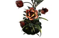 Fabulous vintage polychrome metal standard lamp in the form of a large bouquet of roses and foliage in a scalloped bowl terminating in recurved tripod feet., Mid 20th Century
