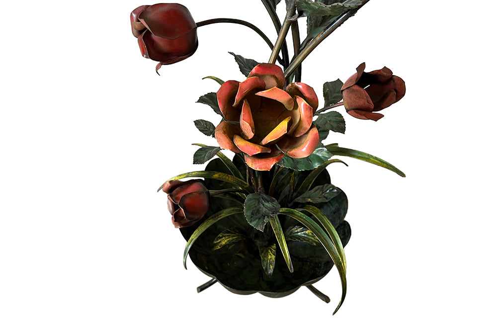 Fabulous vintage polychrome metal standard lamp in the form of a large bouquet of roses and foliage in a scalloped bowl terminating in recurved tripod feet., Mid 20th Century
