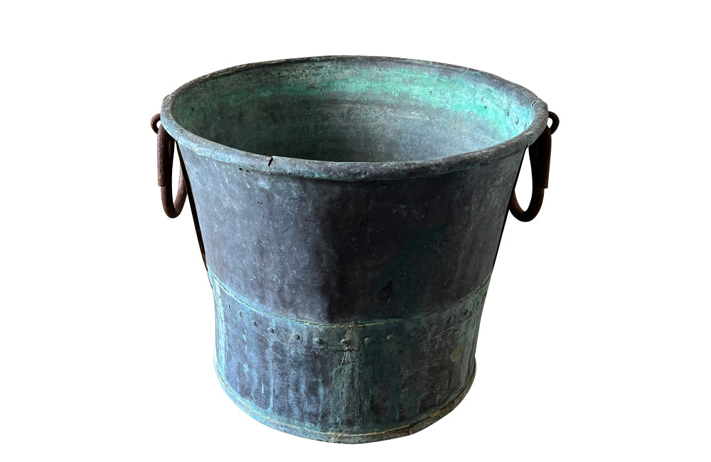 Large French riveted copper vat with wrought iron side handles. AD & PS Antiques