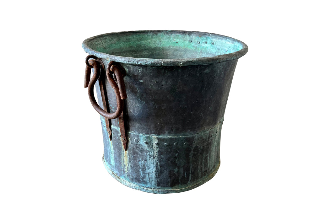 Large French riveted copper vat with wrought iron side handles. AD & PS Antiques