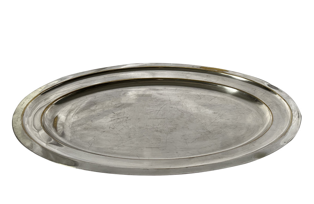 Mid 20th century large French worn silver plate on brass brasserie serving platter.