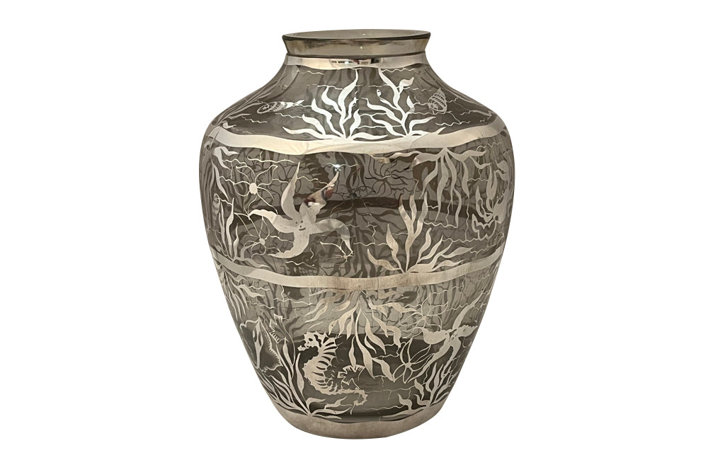 Beautiful mid century crystal vase with silver overlay by the renown French glass makers Saint Graal.