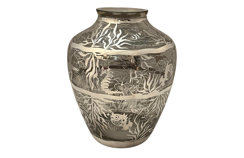 Beautiful mid century crystal vase with silver overlay by the renown French glass makers Saint Graal.