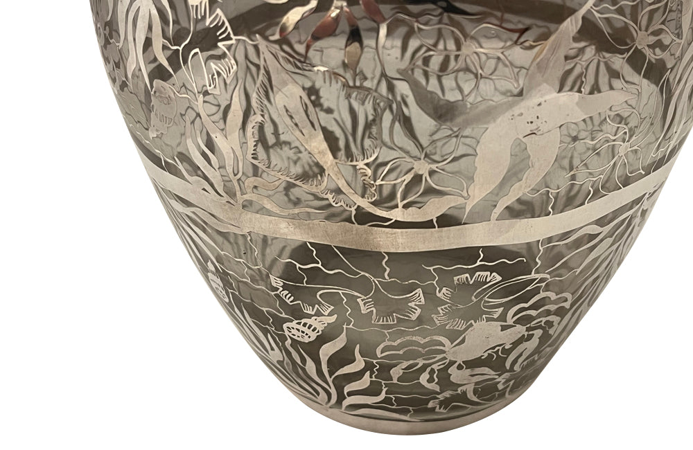 Beautiful mid century crystal vase with silver overlay by the renown French glass makers Saint Graal.