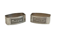 Very smart pair of silver plate napkin rings with Madame & Monsieur Art Deco lettering in rectangular cartouches.