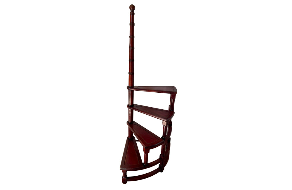 Set of French faux bamboo mahogany and leather library steps.