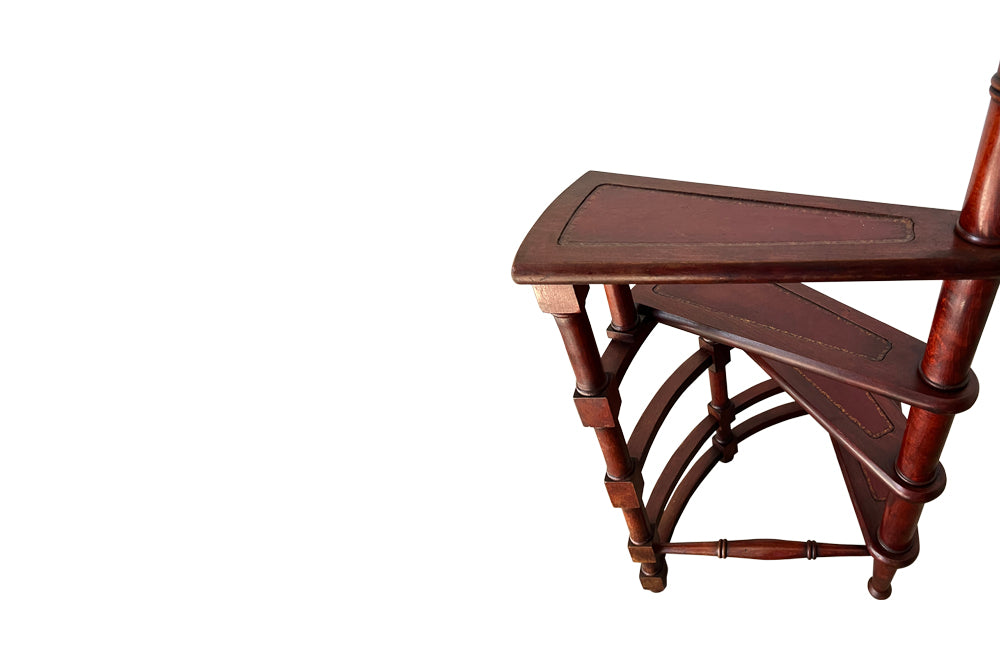 Set of French faux bamboo mahogany and leather library steps.