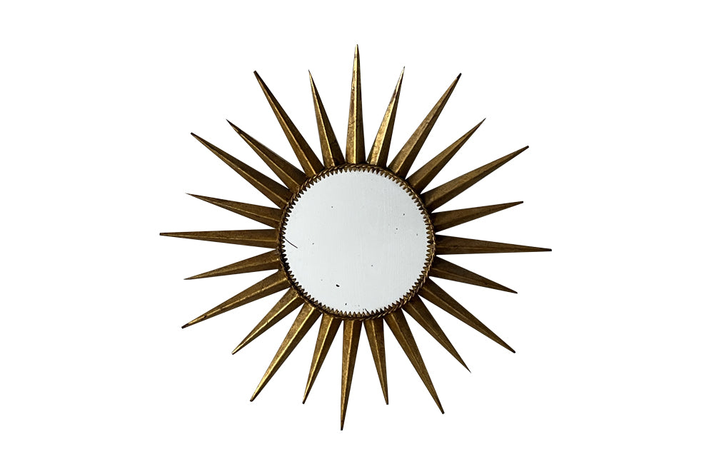 20th Century stylish round Spanish gilt metal sunburst mirror - Mid Century Mirror