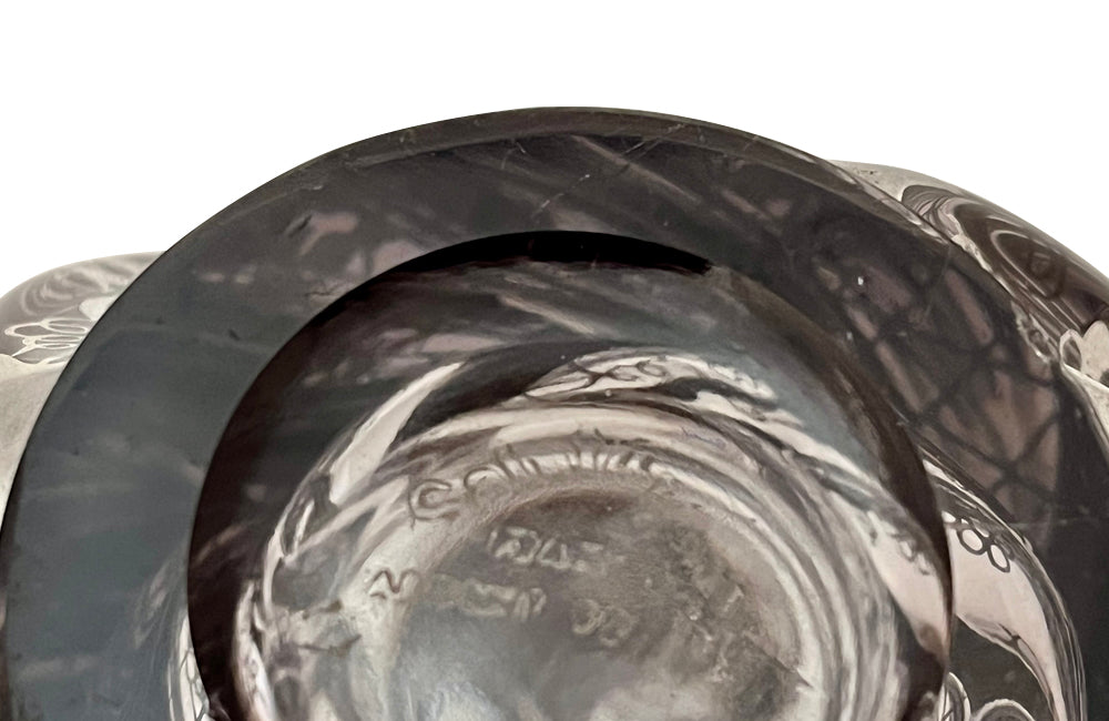 Beautiful mid century crystal vase with silver overlay by the renown French glass makers Saint Graal of swirl form decorated with grape vine and trellis motifs.